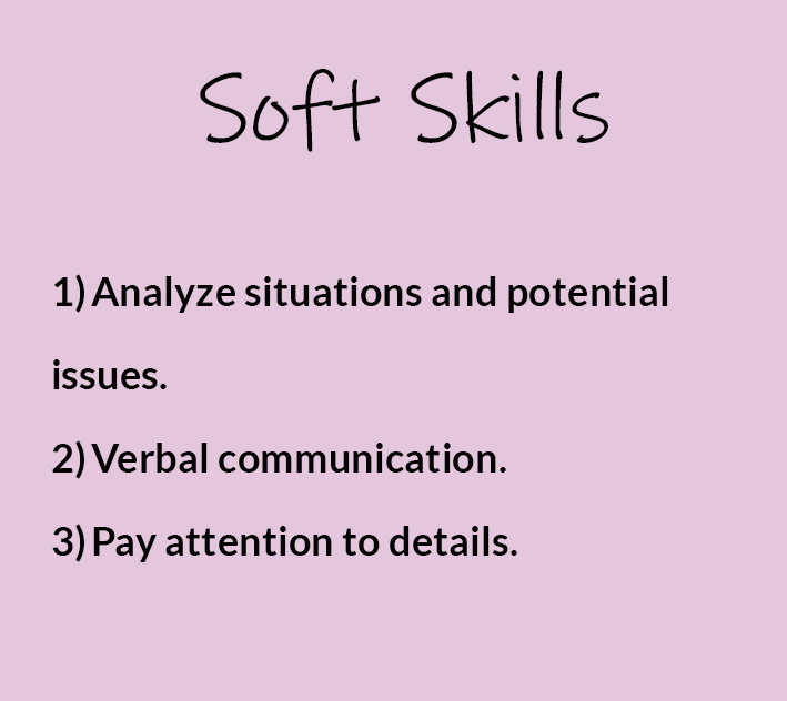 6)	Analyze situations and potential issues.  7)	Verbal communication. 8)	Pay attention to details.